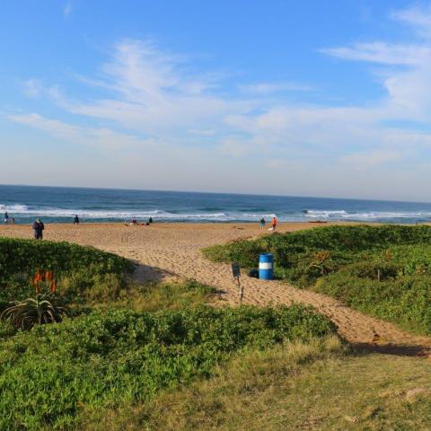 Sandy beach with grassy dunes, people walking, blue sky, and ocean waves in the background.