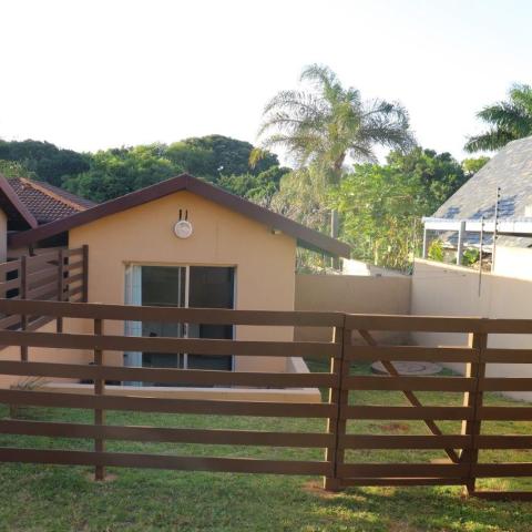 Small house with brown roof, fenced yard, and palm trees in the background.