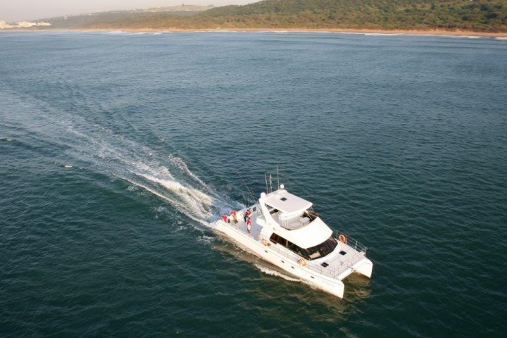 Aerial view of a white boat sailing on the sea near a green coastline.